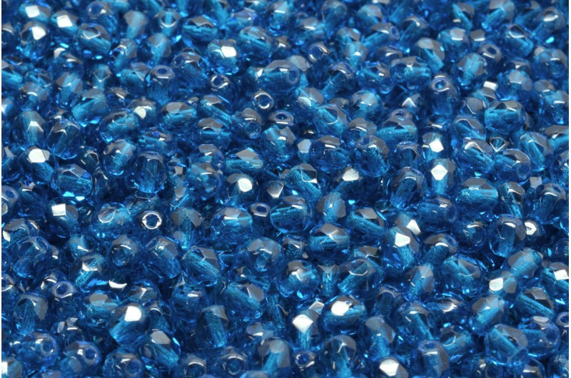 Faceted Round Fire Polished Beads, Transparent Aqua (60080), Glass, Czech Republic