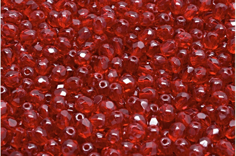 Faceted Round Fire Polished Beads, Transparent Red (90100), Glass, Czech Republic
