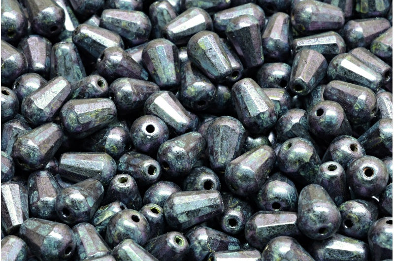 Faceted Fire polished Teardrop Beads, Black Purple Brown Luster Spotted (23980-65329), Glass, Czech Republic