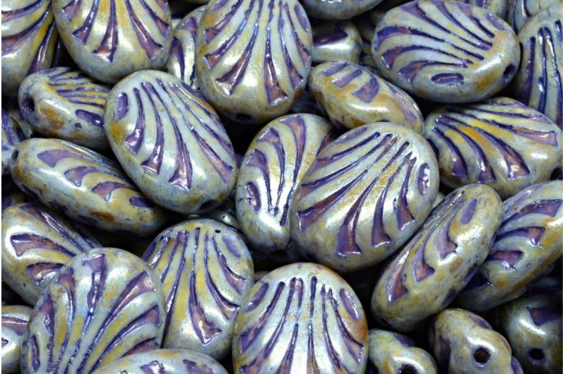 Oval With Lines, White Green Luster Spotted Blue Lined (02010-65325-54325), Glass, Czech Republic