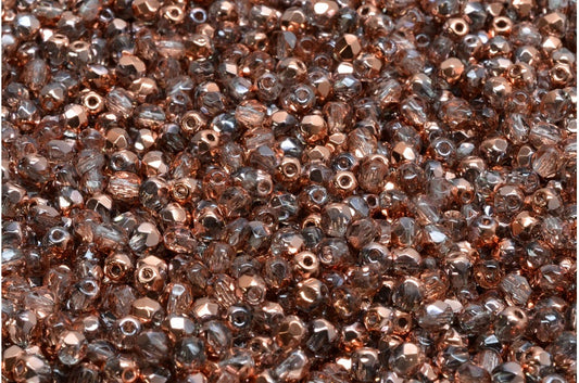 Faceted Round Fire Polished Beads, Crystal Rose Gold Capri (00030-27101), Glass, Czech Republic