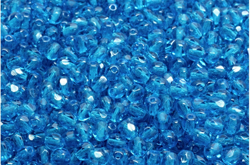 ファセットラウンドファイアポリッシュビーズ、透明アクア（60050）、ガラス、チェコ共和国