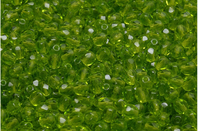 Faceted Round Fire Polished Beads, Transparent Green (50410), Glass, Czech Republic