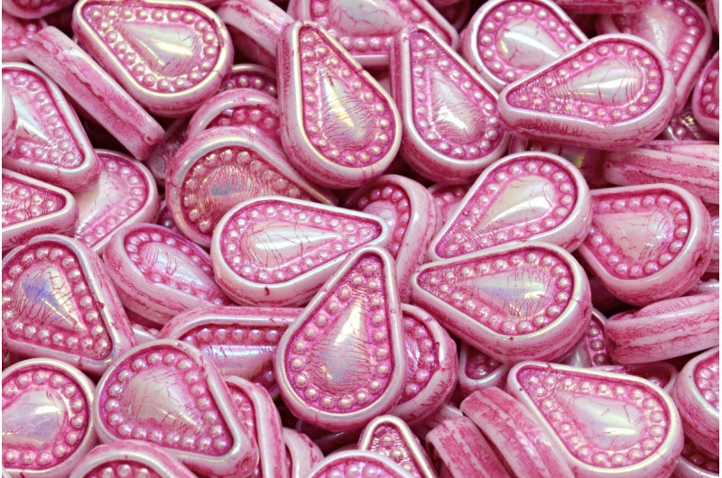 Filigree Teardrop Beads, White Ab Full (2X Side) Pink Lined (02010-28703-43807), Glass, Czech Republic