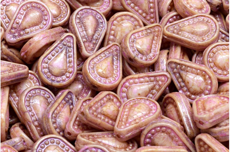 Filigree Teardrop Beads, White Pink Beige Luster Spotted (02010-65323), Glass, Czech Republic