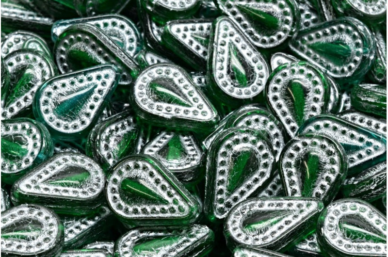 Filigree Teardrop Beads, Transparent Green Silver Lined (50130-54301), Glass, Czech Republic
