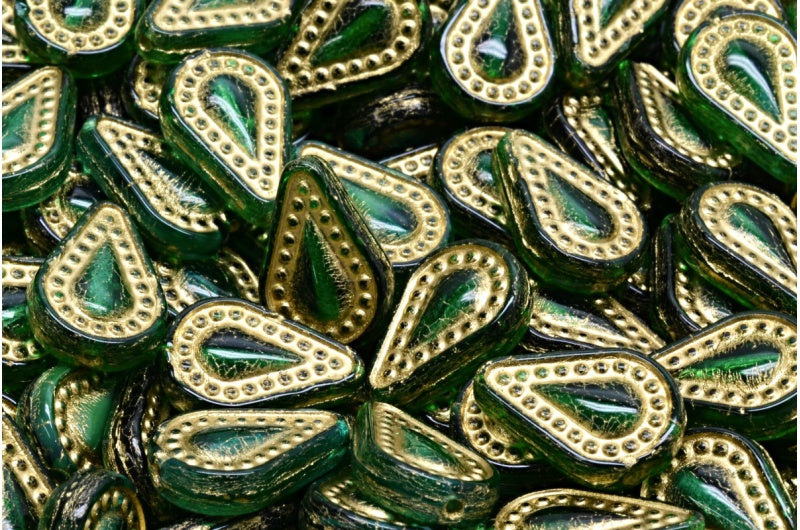 フィリグリーティアドロップビーズ、透明グリーンゴールドライン（50130-54302）、ガラス、チェコ共和国