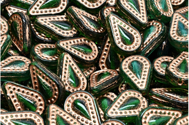 フィリグリーティアドロップビーズ、透明グリーン銅線入り（50130-54307）、ガラス、チェコ共和国