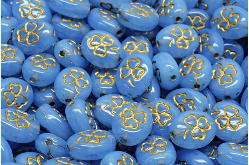 Shamrock Oval Beads, Opal Blue Gold Lined (31000-54302), Glass, Czech Republic