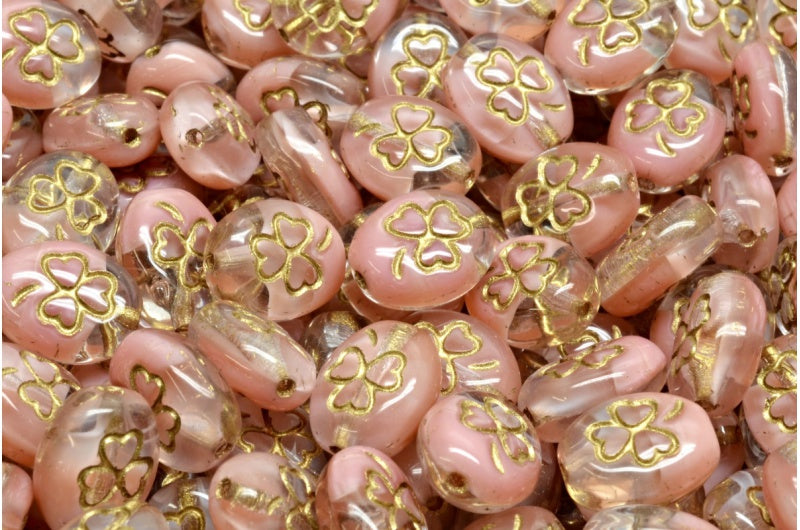 Shamrock Oval Beads, Pink Gold Lined (R0742-54302), Glass, Czech Republic