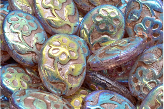 アウトレット 10グラム オーバルフラワービーズ付き、21 x 16 mm、クリスタルアブフル（2Xサイド）銅裏地（00030-28703-54324）、ガラス、チェコ共和国