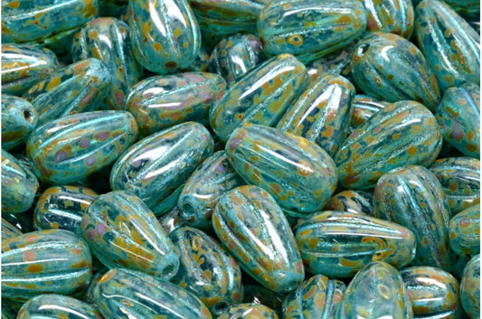 Drop Melon Beads, Transparent Aqua Travertin Light Blue Lined (60010-86800-43811), Glass, Czech Republic
