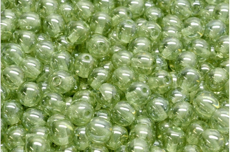 Round Druck Beads, Crystal Luster Green Full Coated (00030-14457), Glass, Czech Republic