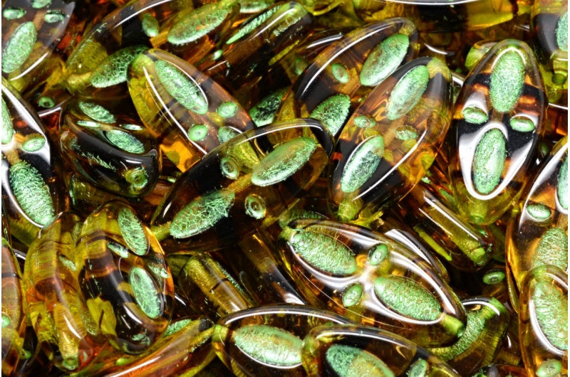 アウトレット 10グラム シップアイオーバルビーズ、20 x 9 mm、オレンジと茶色のライングリーン（18016-43813）、ガラス、チェコ共和国