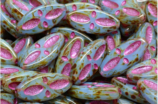 OUTLET 10 grams Ship Eye Oval Beads, 20 x 9 mm, Opal Blue Travertin Pink Lined (31000-86800-43807), Glass, Czech Republic