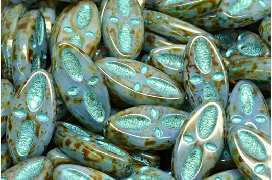 Ship Eye Oval Beads, Opal Blue Travertin Light Blue Lined (31000-86800-43811), Glass, Czech Republic
