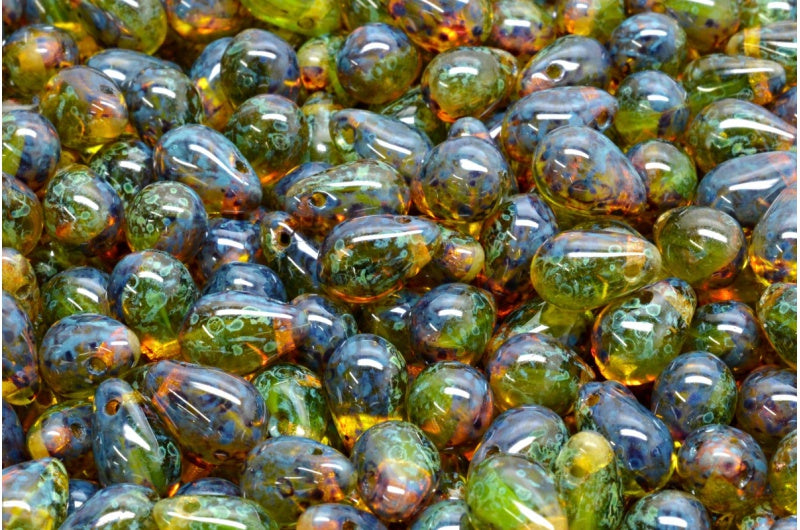 Drop Beads, Transparent Yellow Transparent Green Travertin (80020-50220-86800), Glass, Czech Republic