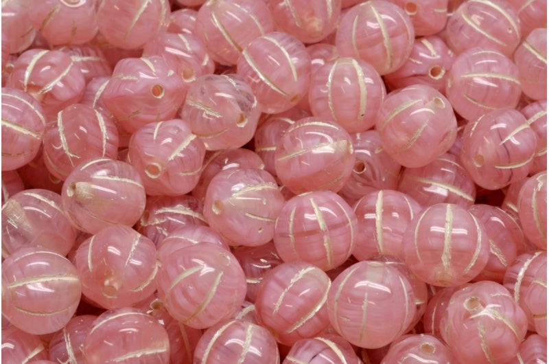 Melon Beads, Pink Beige Lined (R0742-54311), Glass, Czech Republic