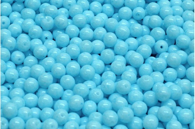 Round Druck Beads, White Opal Light Aqua Blue (02020-34308), Glass, Czech Republic