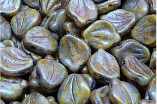 OUTLET 10 克牡丹花瓣珠，白紫棕光泽斑点（02010-65329），玻璃，捷克共和国