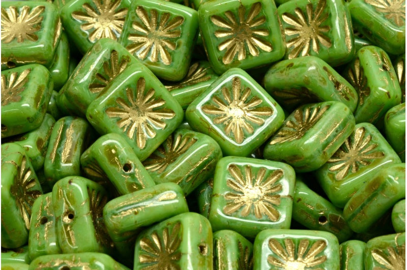 Squared Kiwi Beads, Opaque Green Travertin Gold Lined (54020-86800-54302), Glass, Czech Republic