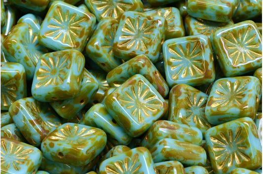 Squared Kiwi Beads, Blue Travertin Glod Lined (63020-86800-43804), Glass, Czech Republic