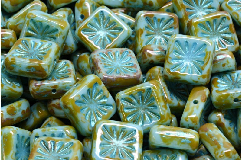 Squared Kiwi Beads, Blue Travertin Light Blue Lined (63020-86800-43811), Glass, Czech Republic