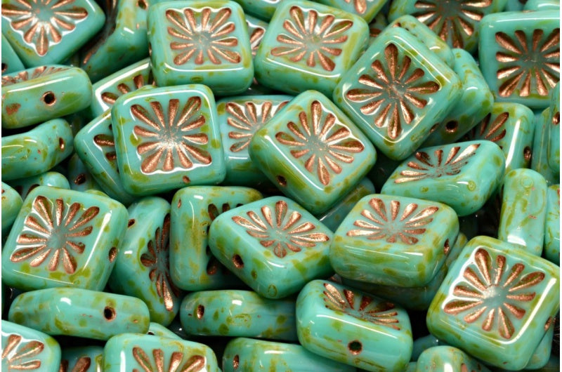 OUTLET 10 grams Squared Kiwi Beads, 10 x 10 mm, Turquoise Travertin 43805 (63130-86800-43805), Glass, Czech Republic