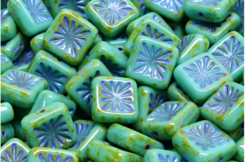 Squared Kiwi Beads, Turquoise Travertin Blue Purple Lined (63130-86800-43809), Glass, Czech Republic