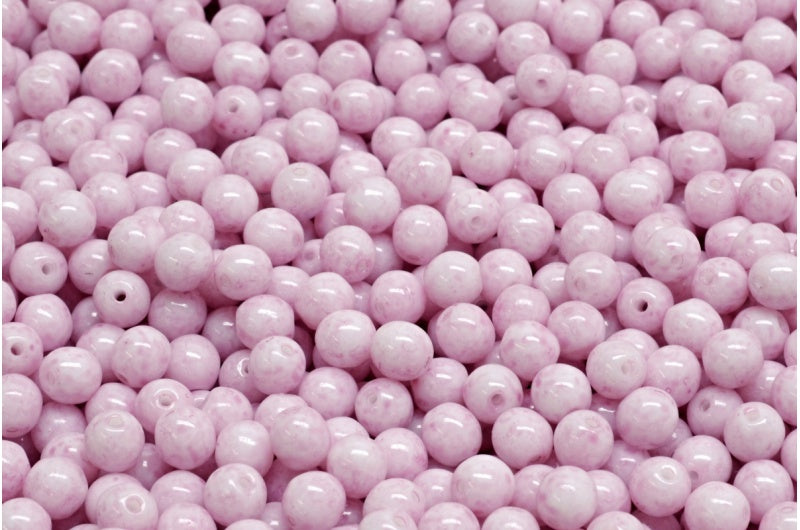 ラウンドドラックビーズ、ホワイトオパールライトフクシアピンク（02020-34306）、ガラス、チェコ共和国