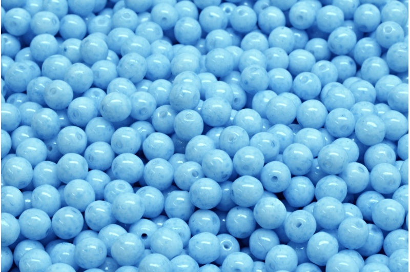 ラウンドドラックビーズ、ホワイトオパールライトブルー（02020-34307）、ガラス、チェコ共和国