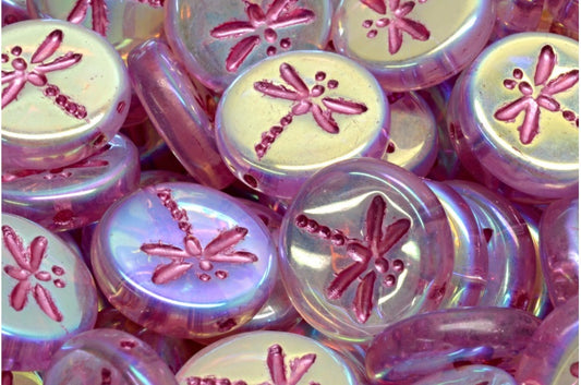 Round Flat Beads With Dragonfly, Crystal Ab Full (2X Side) Pink Lined (00030-28703-54321), Glass, Czech Republic