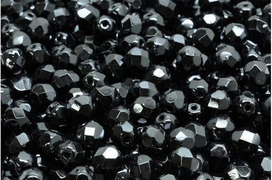 Faceted Round Fire Polished Beads, Black (23980), Glass, Czech Republic