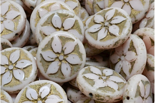 Table Cut Coin Flower Beads, Opal Pink 4302 (71111-04302), Glass, Czech Republic