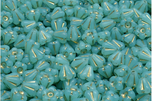 Bell Flower Beads, Opal Aqua Gold Lined (61010-54302), Glass, Czech Republic