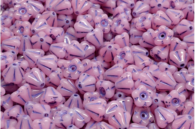 Bell Flower Beads, Opal Pink Blue Lined (71400-54325), Glass, Czech Republic