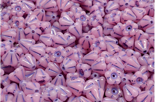 Bell Flower Beads, Opal Pink Blue Lined (71400-54325), Glass, Czech Republic