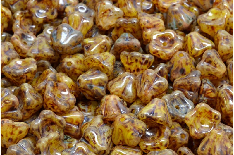 Bell Flower Beads, Yellow Opal Mix Travertin (R0813-86800), Glass, Czech Republic
