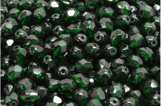 OUTLET 250g Round Faceted Fire Polished Beads, Transparent Green Emerald (50150), Glass, Czech Republic