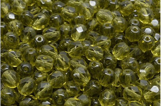 OUTLET 250g Round Faceted Fire Polished Beads, Transparent Green P (50230-P), Glass, Czech Republic