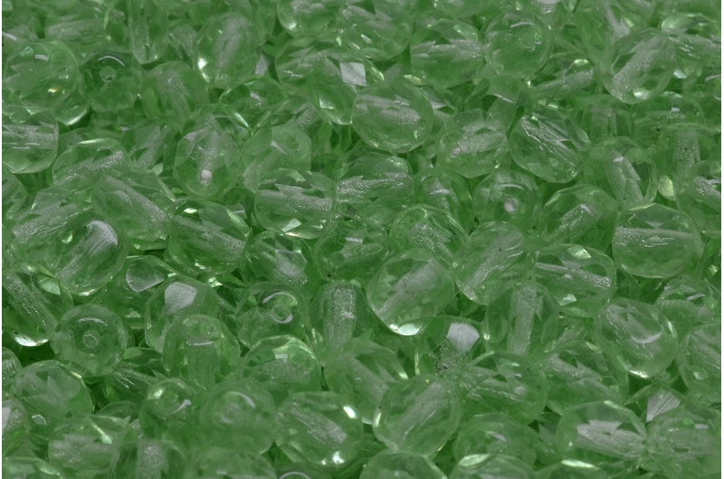 OUTLET 250g Round Faceted Fire Polished Beads, Transparent Green P (50500-P), Glass, Czech Republic