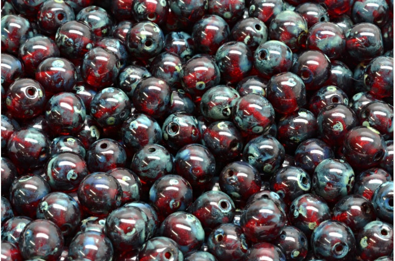 Round Druck Beads, Ruby Red Travertin (90080-86800), Glass, Czech Republic