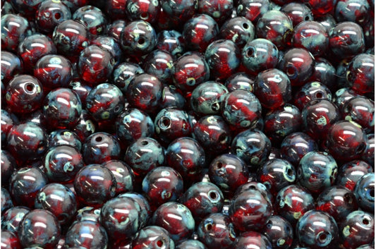 Round Druck Beads, Ruby Red Travertin (90080-86800), Glass, Czech Republic