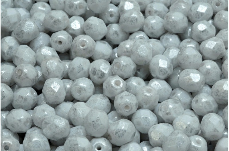 ファセットラウンドファイアポリッシュビーズ、チョークホワイトシルバーグレー（03000-34301）、ガラス、チェコ共和国