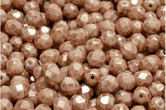 Faceted Round Fire Polished Beads, Chalk White Pink Beige (03000-34303), Glass, Czech Republic