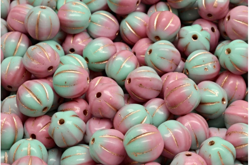 メロンビーズ、不透明ピンク、不透明グリーン、銅線入り（73010-53100-54307）、ガラス、チェコ共和国