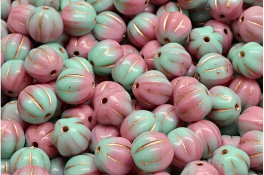メロンビーズ、不透明ピンク、不透明グリーン、銅線入り（73010-53100-54307）、ガラス、チェコ共和国
