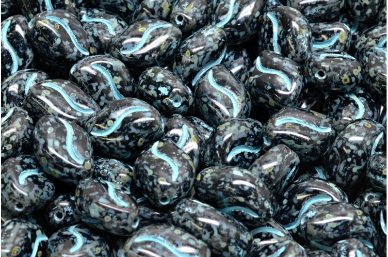 Wavy Grain Beads, Black Travertin Light Blue Lined (23980-86800-54308), Glass, Czech Republic