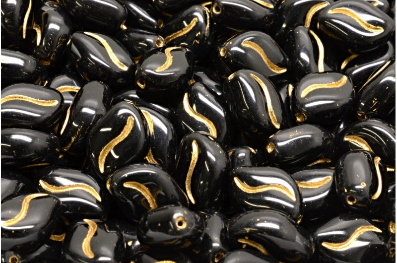 Wavy Grain Beads, Black Gold Lined (23980-54202), Glass, Czech Republic