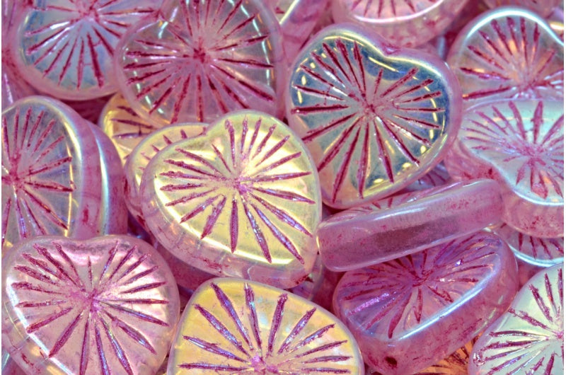 Kiwi Heart Beads, Crystal Ab Full (2X Side) Pink Lined (00030-28703-43807), Glass, Czech Republic